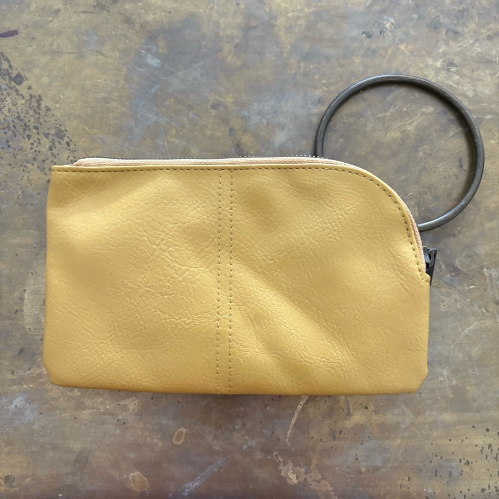 Clutch Purse Mustard Yellow With Metal Ring Handle Faux Leather 8”x5” Casual
